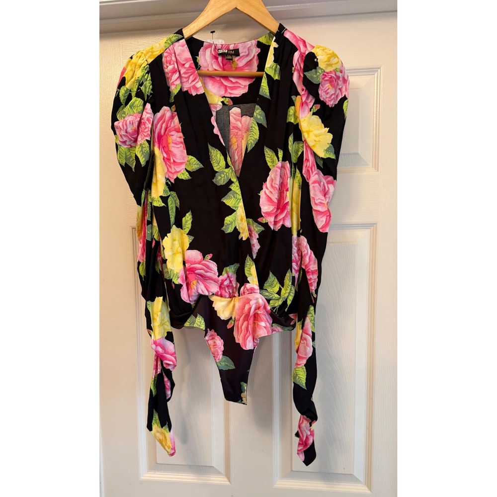 AFRM Floral Bodysuit Women S Black Pink Puff Sleeve Surplice V-Neck